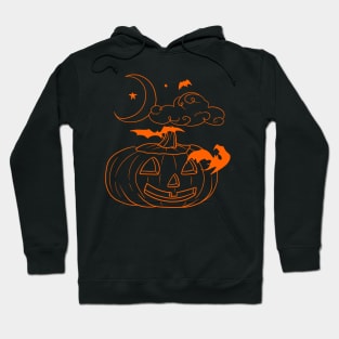 Pumpkin Moon Stars and Bats Orange Line Design Hoodie